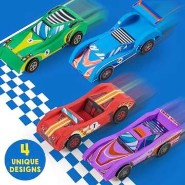 Klever Kits 4 DIY Wooden Race Cars-Build & Paint Your Own Wood Craft Kit, 4 Race Cars Toy, Easy to Assemble Arts Crafts Kit, Birthday Party Presents for Kids Boys Ages 6 and Up