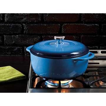 Lodge 6 Quart Enameled Cast Iron Dutch Oven with Lid – Dual Handles – Oven Safe up to 500° F or on Stovetop - Use to Marinate, Cook, Bake, Refrigerate and Serve – Blue