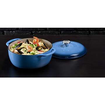 Lodge 6 Quart Enameled Cast Iron Dutch Oven with Lid – Dual Handles – Oven Safe up to 500° F or on Stovetop - Use to Marinate, Cook, Bake, Refrigerate and Serve – Blue