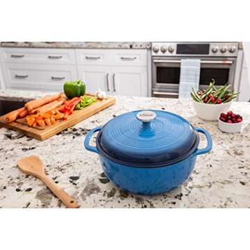 Lodge 6 Quart Enameled Cast Iron Dutch Oven with Lid – Dual Handles – Oven Safe up to 500° F or on Stovetop - Use to Marinate, Cook, Bake, Refrigerate and Serve – Blue