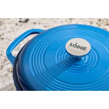 Lodge 6 Quart Enameled Cast Iron Dutch Oven with Lid – Dual Handles – Oven Safe up to 500° F or on Stovetop - Use to Marinate, Cook, Bake, Refrigerate and Serve – Blue