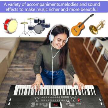 61 Keys Piano Keyboard, Electronic Keyboard Piano with Built-In Speaker Microphone, Sheet Music Stand and Power Supply, Portable Music Keyboard Piano for Beginners - Black