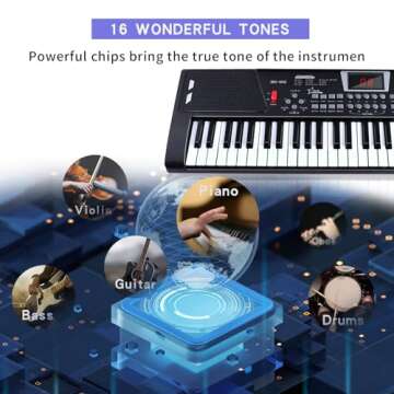 61 Keys Piano Keyboard, Electronic Keyboard Piano with Built-In Speaker Microphone, Sheet Music Stand and Power Supply, Portable Music Keyboard Piano for Beginners - Black