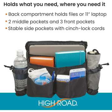 High Road Walker Bag, Wheelchair Caddy and Mobility Scooter Pouch with Cup Holders, Easy Access Pockets and Secure Buckled Straps