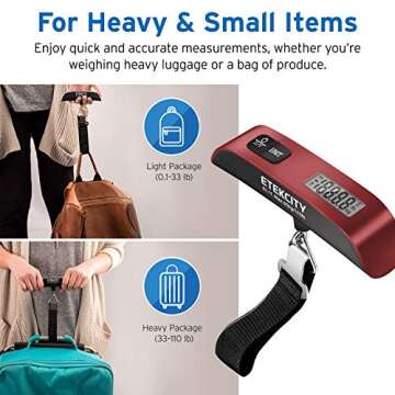 Etekcity Luggage Scale, Digital Weight Scales for Travel Accessories Essentials Suitcases , Portable Handheld Scale with Temperature Sensor, Rubber Paint, 110 Pounds, Battery Included