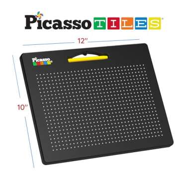 PicassoTiles 2-in-1 Magnetic Drawing Board Toy 12x10 inch Large Magnet Bead Tablet Pad with 2 Facings Alphabet STEM Free Style Educational Erasable & Reusable Learning Writing Playboard in Black PTB04