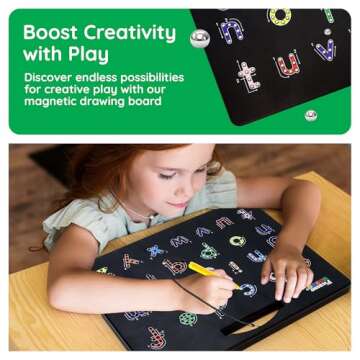 PicassoTiles 2-in-1 Magnetic Drawing Board Toy 12x10 inch Large Magnet Bead Tablet Pad with 2 Facings Alphabet STEM Free Style Educational Erasable & Reusable Learning Writing Playboard in Black PTB04