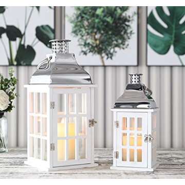 JHY DESIGN Set of 2 White Wood Decorative Candle Lanterns 18"&12" H Wood Lanterns for Indoor Outdoor Events Parities and Weddings Vintage Style Hanging Lantern (White Wood, Silver Stainless Steel)