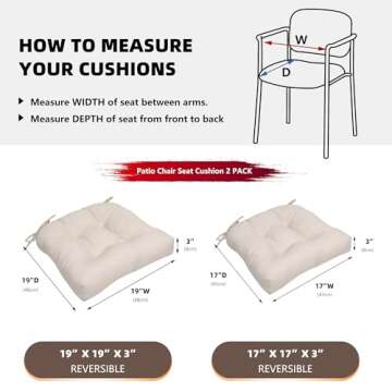 RACE LEAF Chair Cushions 19" x 19" Patio Chair Seat Pads, Set of 2 Thick Fill Tufted Square Patio Cushions, Water-Resistant with Ties for Non-Slip Support, Beige