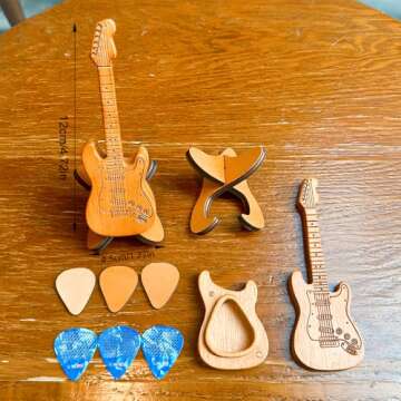 Wooden Guitar Pick Holder with Picks & Stand