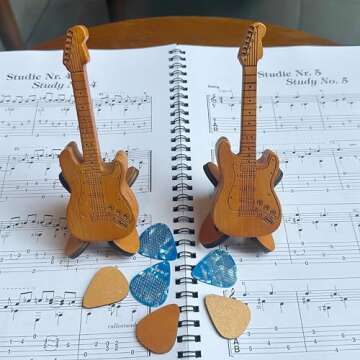 Wooden Guitar Pick Holder with Picks & Stand