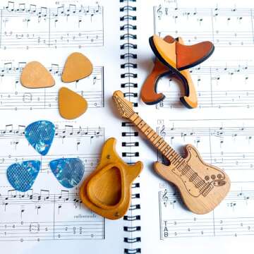 Wooden Guitar Pick Holder with Picks & Stand