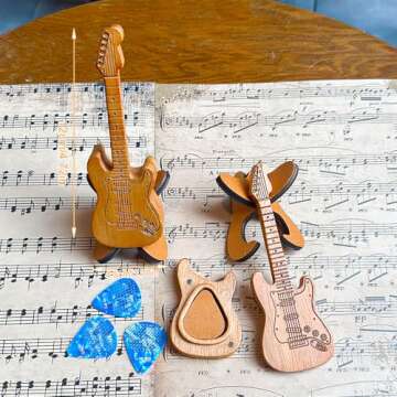 Wooden Guitar Pick Holder with Picks & Stand