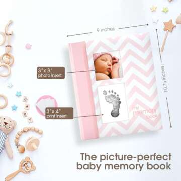 Pearhead Baby Memory Book, First 5 Years Baby Milestone Book, Pregnancy Journal, Gender Neutral Newborn Keepsake, With Clean-Touch Ink Pad For Baby's Handprint or Footprint, Pink Chevron