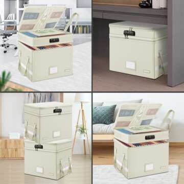 DocSafe File Box with Lock,Multi-Layer Fireproof Document Box Collapsible File Storage Organizer with Pockets/Handle,Large Portable Home Office Filing Box for Hanging Letter/Legal Size Folders,Beige