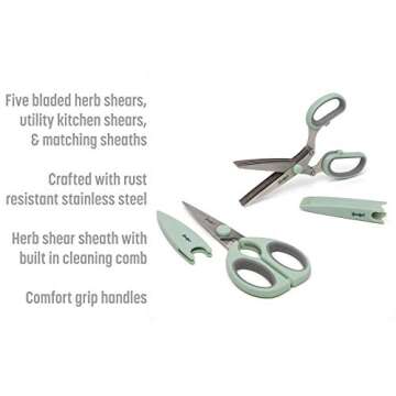 Goodful Utility Kitchen Shear and 5-Blade Herb Shear Set, Premium Stainless Steel Blades with Protective Guards, Comfort Grip Handles, Built-in Herb Shear Cleaning Comb, 2-Piece Set, Sage Green