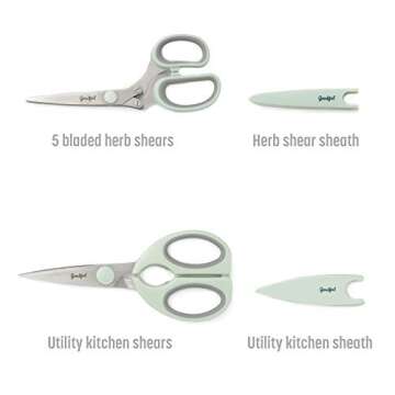 Goodful Utility Kitchen Shear and 5-Blade Herb Shear Set, Premium Stainless Steel Blades with Protective Guards, Comfort Grip Handles, Built-in Herb Shear Cleaning Comb, 2-Piece Set, Sage Green