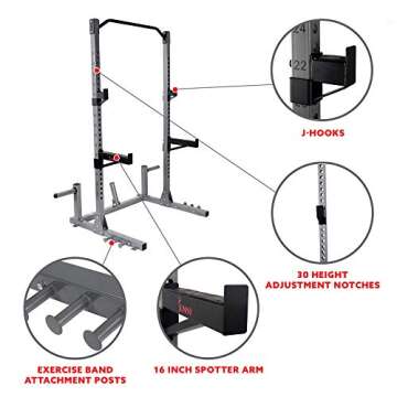 Sunny Health & Fitness Power and Squat Rack with High Weight Capacity, Olympic Weight Plate Storage and 360° Swivel Landmine and Power Band Attachment