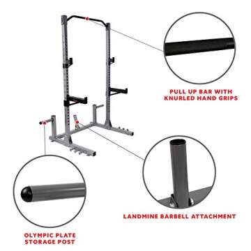 Sunny Health & Fitness Power and Squat Rack with High Weight Capacity, Olympic Weight Plate Storage and 360° Swivel Landmine and Power Band Attachment