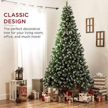 Best Choice Products 6ft Pre-Decorated Holiday Christmas Tree for Home, Office, Party Decoration w/ 1,000 PVC Branch Tips, Partially Flocked Design, Pine Cones, Metal Hinges & Base