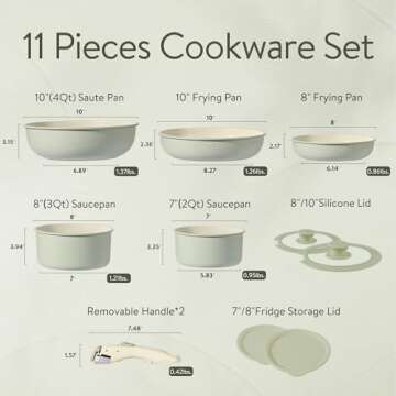 CAROTE Pots and Pans Set, Nonstick Cookware Set Detachable Handle, 11pcs Induction Kitchen Cookware Sets Non Stick with Removable Handle, RV Cookware Set, Oven Safe, Green