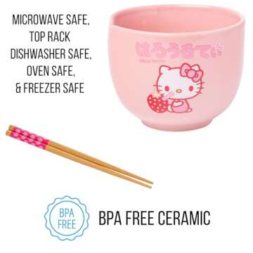 Silver Buffalo Sanrio Hello Kitty Strawberry Milk Japanese Character Ceramic Ramen Noodle Rice Bowl with Chopsticks, Microwave Safe, Pink, 20 Ounces