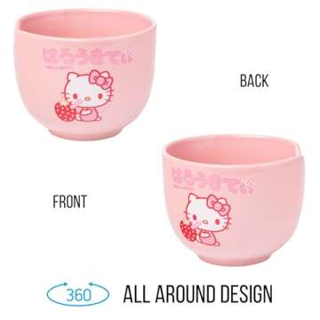 Silver Buffalo Sanrio Hello Kitty Strawberry Milk Japanese Character Ceramic Ramen Noodle Rice Bowl with Chopsticks, Microwave Safe, Pink, 20 Ounces