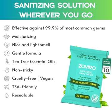 Zoviro Hand Sanitizer Wipes, Tea Tree Essential Oil, Hand Wipes Travel Size, Moisturizing Sanitizing Wipes, Tea Tree Scent, 20 Count (Pack of 10)