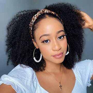 ISEE Hair Afro Kinky Curly Headband Wig Human Hair 180% Density Afro Wigs for Black Women Natural Curls 10A Glueless Human Hair Wigs (18 Inch)