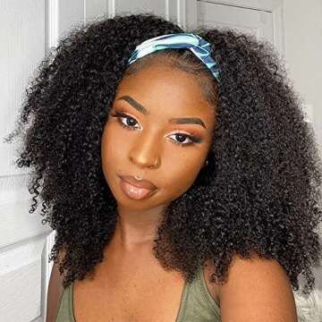 ISEE Hair Afro Kinky Curly Headband Wig Human Hair 180% Density Afro Wigs for Black Women Natural Curls 10A Glueless Human Hair Wigs (18 Inch)