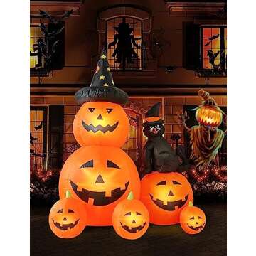 HOPOCO 6 FT Halloween Inflatable Decorations Spooky Ghost Pumpkin Lighted and Witch's Cat, Halloween Decorations Outdoor Inflatables Pumpkin Combo with Build-in LED Blow Up Inflatables for Yard Garden