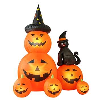 HOPOCO 6 FT Halloween Inflatable Decorations Spooky Ghost Pumpkin Lighted and Witch's Cat, Halloween Decorations Outdoor Inflatables Pumpkin Combo with Build-in LED Blow Up Inflatables for Yard Garden