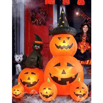 HOPOCO 6 FT Halloween Inflatable Decorations Spooky Ghost Pumpkin Lighted and Witch's Cat, Halloween Decorations Outdoor Inflatables Pumpkin Combo with Build-in LED Blow Up Inflatables for Yard Garden