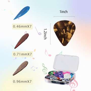 21 Pack Guitar Picks with Organizer Storage Box, 3 Different Thickness Colorful Celluloid Guitar Picks Plectrums for Acoustic Guitar, Electric Guitar, Bass, Ukulele