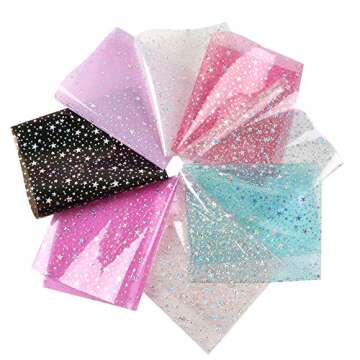 David Angie 8 Colors Transparent Glitter Holographic Star Printed Synthetic Leather 7.7" x 12.9" (20cm x 33cm) Perfect for Making Handbags Hair Bow Home Events DIY Projects(Transparent Leather)