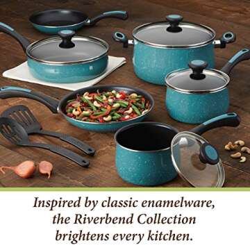 Paula Deen Riverbend Nonstick Cookware Pots and Pans Set, 12 Piece, Gulf Blue Speckle