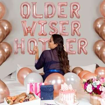 Older Wiser Hotter Balloon Banner Rose Gold, Funny Birthday Party Decorations for Women, Death to My Youth 30th 40th 50th 60th 70th 80th Birthday Party Supplies with Wine Glass Champagne Foil Balloon