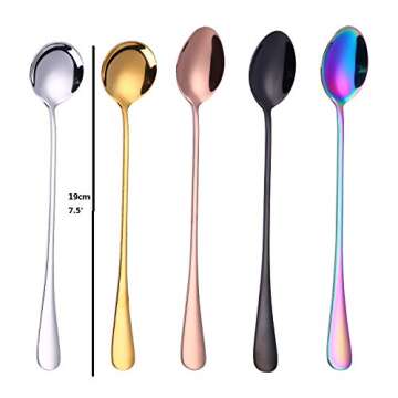 Long Handle Magic tea Spoon Stainless Steel multicolored rainbow Spoon Iced Tea Spoons for Mixing Ice Cream Coffee Spoon Milkshake Dessert Spoon Cocktail Stirring Spoons set of 5