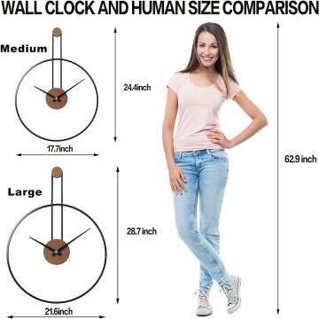 YISITEONE Medium Decorative Wall Clock for Living Room,Metal & Walnut Dial Home Decor Silent Non Ticking Lightweight Clocks for Bedroom, Study, Office Decorations, 24.4" X 17.7",Black