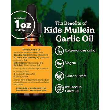 Herb Pharm Kids Mullein and Garlic Oil, Calendula, Garlic, Mullein, St. John's Wort, Olive Oil, 1 Fl Oz (Pack of 1)