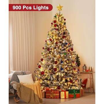 BROVIEW 9ft Pre-Lit Snow Flocked Artificial Christmas Tree, Holiday Xmas Tree with 900 Warm White Lights, 2094 Branch Tips, Foldable Base, Storage Bag, for Home Office Party Decoration