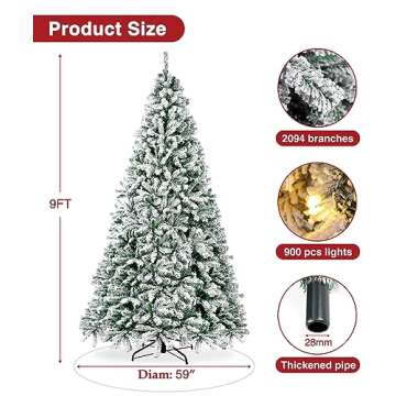 BROVIEW 9ft Pre-Lit Snow Flocked Artificial Christmas Tree, Holiday Xmas Tree with 900 Warm White Lights, 2094 Branch Tips, Foldable Base, Storage Bag, for Home Office Party Decoration