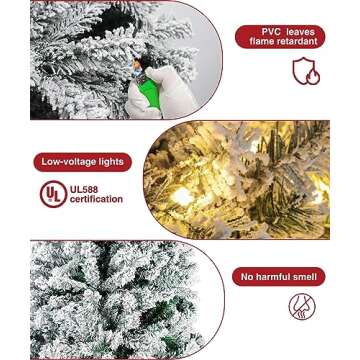 BROVIEW 9ft Pre-Lit Snow Flocked Artificial Christmas Tree, Holiday Xmas Tree with 900 Warm White Lights, 2094 Branch Tips, Foldable Base, Storage Bag, for Home Office Party Decoration