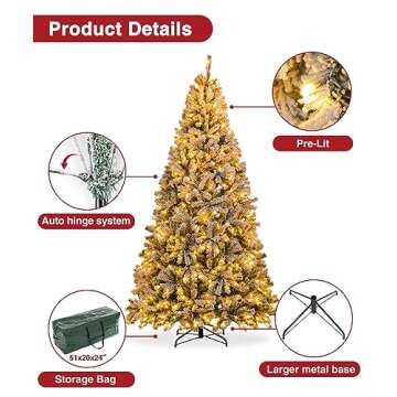 BROVIEW 9ft Pre-Lit Snow Flocked Artificial Christmas Tree, Holiday Xmas Tree with 900 Warm White Lights, 2094 Branch Tips, Foldable Base, Storage Bag, for Home Office Party Decoration