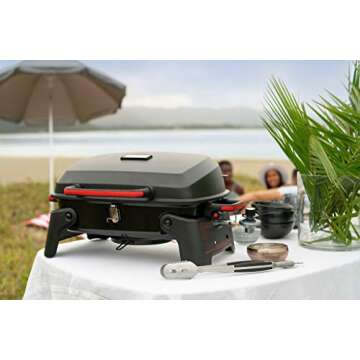 Megamaster 820-0065C 1 Burner Portable Gas Grill for Camping, Outdoor Cooking , Outdoor Kitchen, Patio, Garden, Barbecue with Two Foldable legs, Red + Black