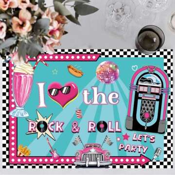 50's Party Placemats Paper Placemats Disposable 50 Pack 16x 11 Inch Rock and Roll 1950's 70s 80s 90s Rocking Paper Table Mats for Music Birthday Party Anniversary Table Decoration