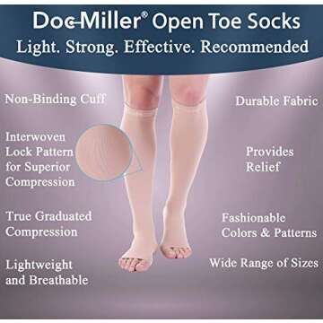 Doc Miller Toeless Compression Socks Women and Men 2 Pair - 20-30mmHg - Open Toe Compression Socks Women for Shin Splints Varicose Veins Leg Cramps Recovery - Support Circulation - Skin Nude Large