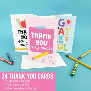 Colorful Teacher Thank You Cards 24-Pack Gift Idea