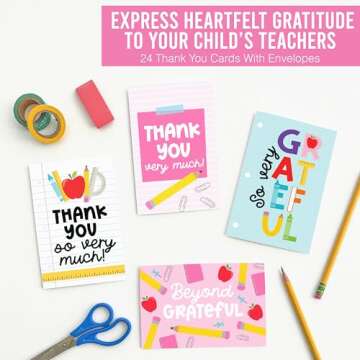 Colorful Teacher Thank You Cards 24-Pack Gift Idea