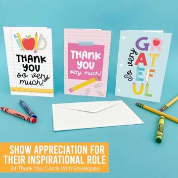 Colorful Teacher Thank You Cards 24-Pack Gift Idea